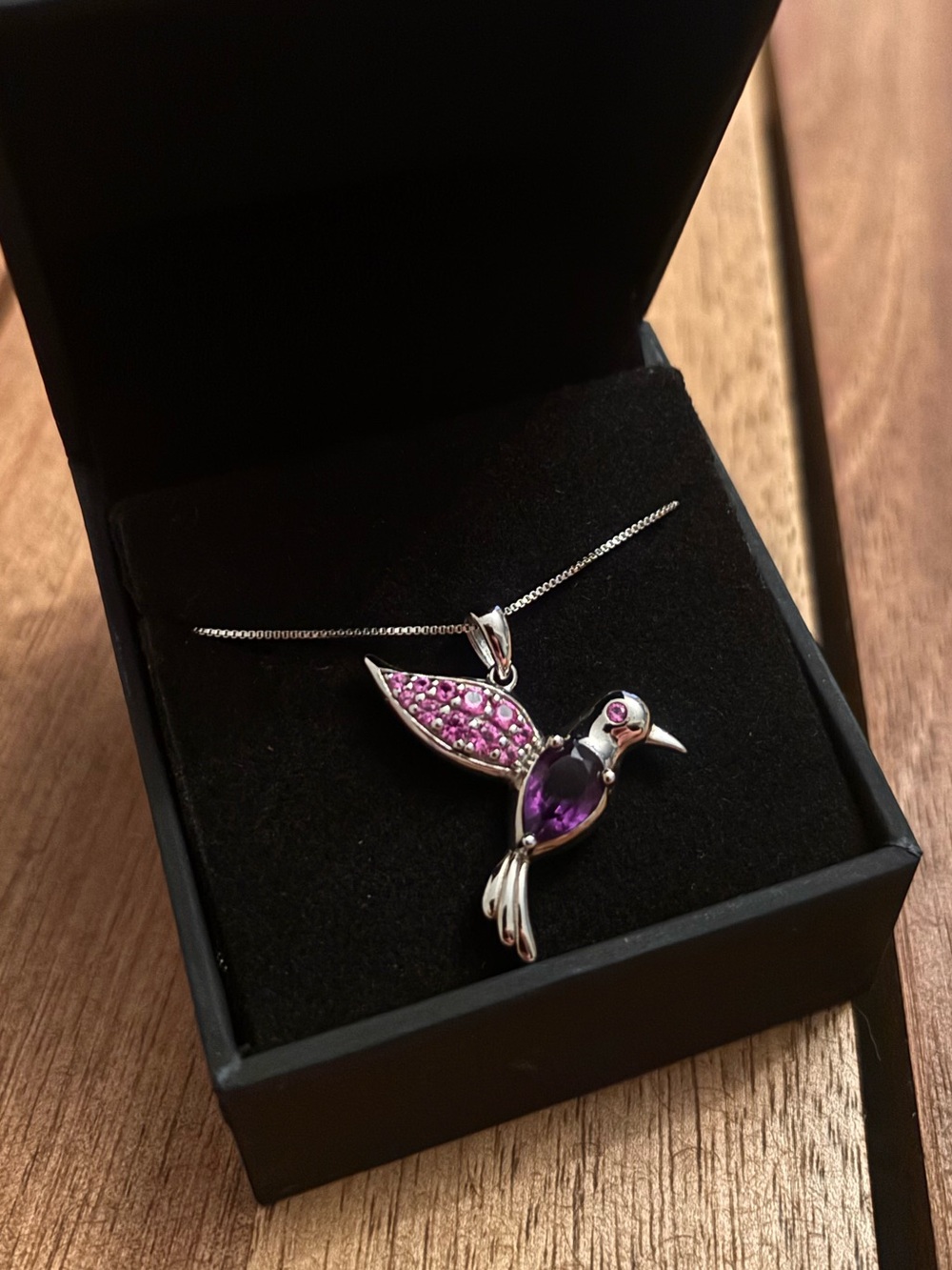 Hummingbird Pendant Necklace with Purple & Pink Stones